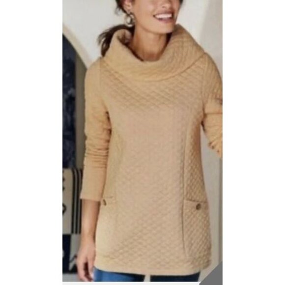 Soft Surroundings Medium Yellow Cream Quilted Cowl Neck Tunic Top 3/4 Sleeve - Picture 2 of 4